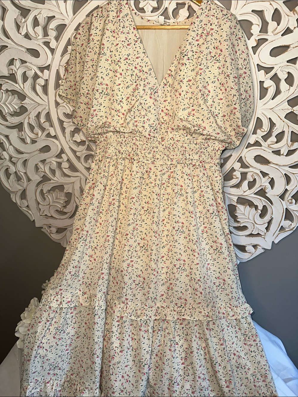 Smocked Waist Maxi Dress in Cream with Pink & Green Floral